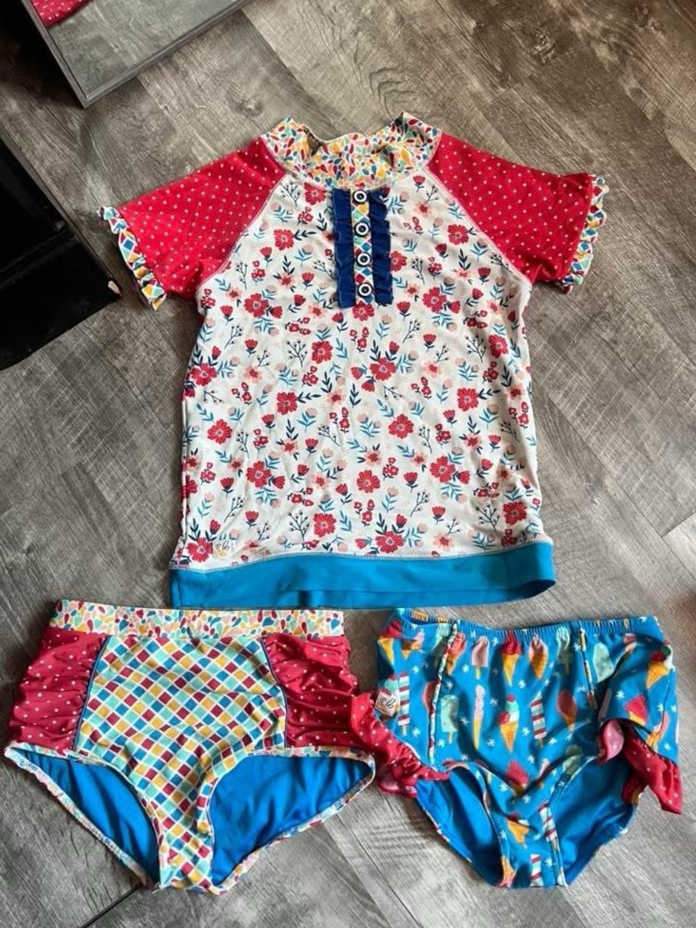 Wildflowers girls 3 piece swim set - holiday patriotic red, white, blue ruffle